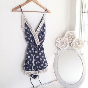 Chambray Romper Sunflower Print With Crochet trim